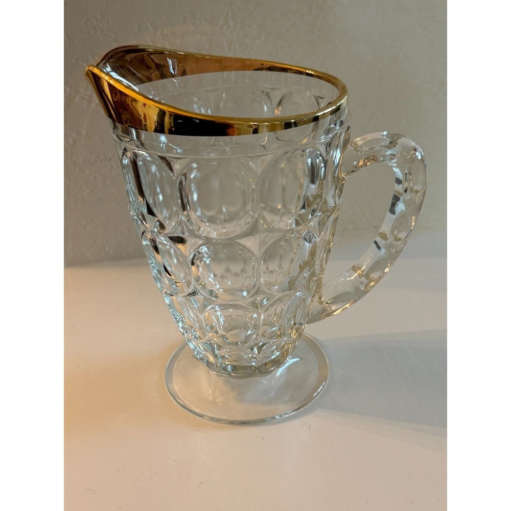 Vintage Jeannette Clear Glass Crystal "Thumb Print" Footed Pitcher Gold Trim